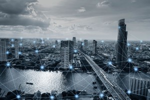 Black and white smart city with network connections, communicati