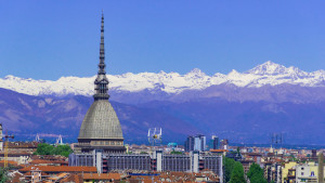 Turin, Torino, aerial timelapse skyline panorama with Mole Antonelliana, Monte dei Cappuccini and the Alps in the background. Italy, Piemonte, Turin.